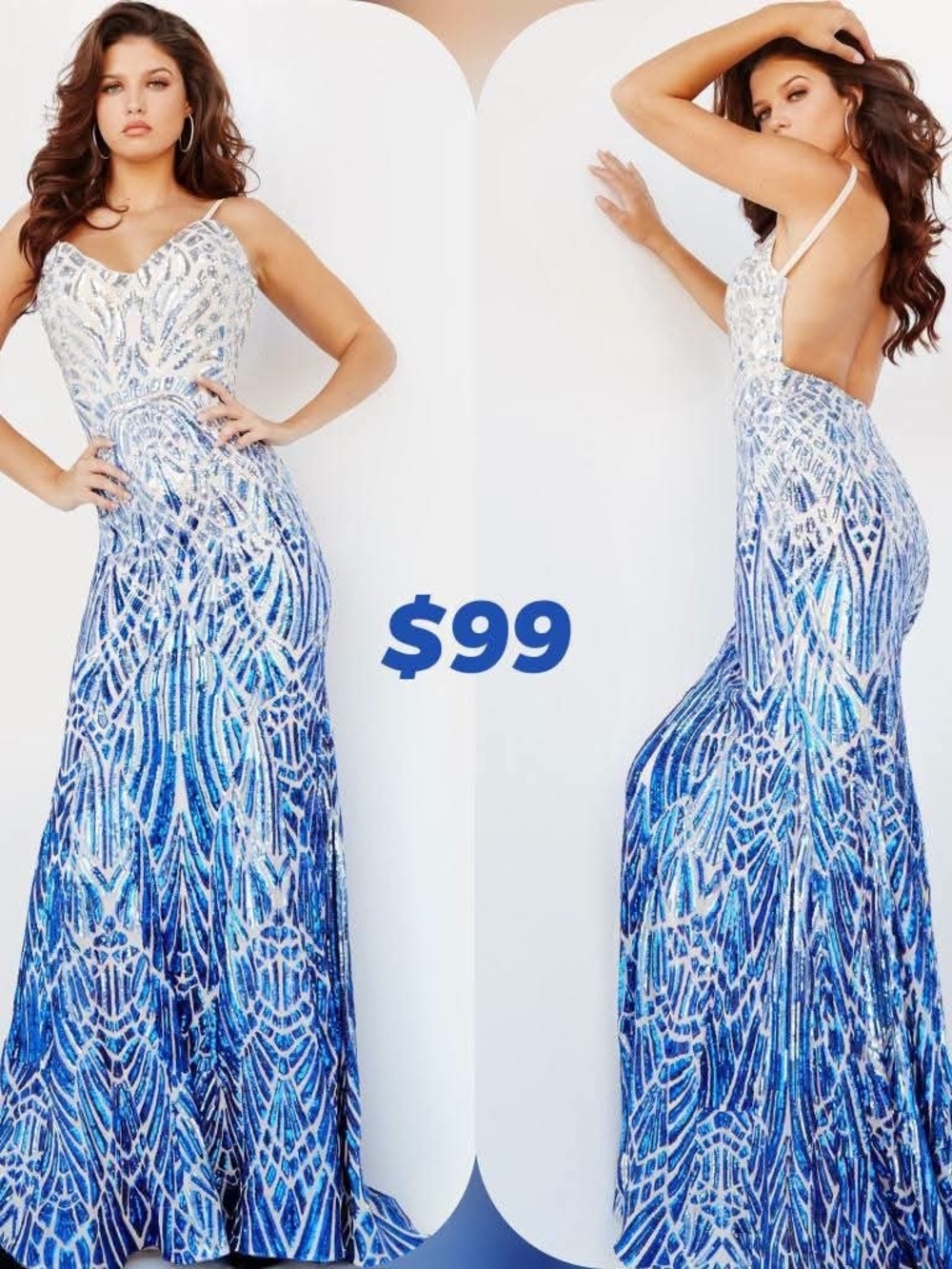Jovani Blue and White Sequin Evening Gown